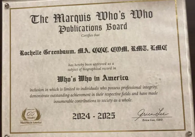 Marquis Who’s Who in America certificate for Rochelle Greenbaum for 2024 to 2025